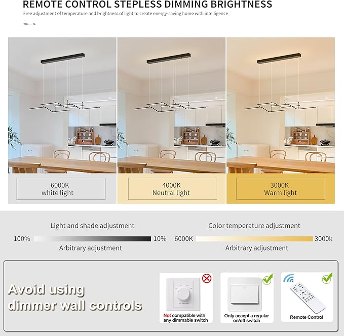 Siittoo Modern LED Chandelier, 45W Dimmable Dining Room Chandelier with Remote, 3-Light Black Wave Linear Hanging Pendant Light Fixture for Kitchen Island Restaurant (52'')