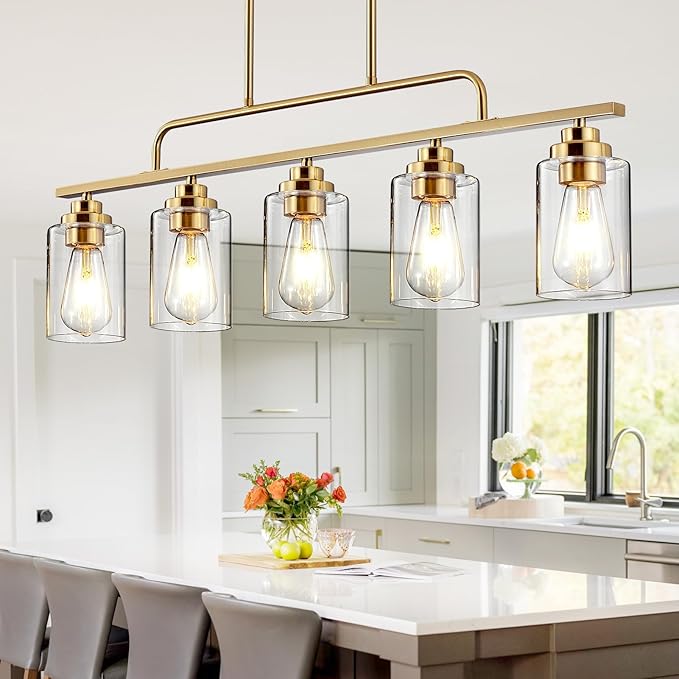 Dining Room Light Fixture - Brushed Gold 5-Light Farmhouse Chandelier Kitchen Island Lights Fixtures Modern Linear Chandeliers Hanging Pendant Lighting Over Table for Dining Room