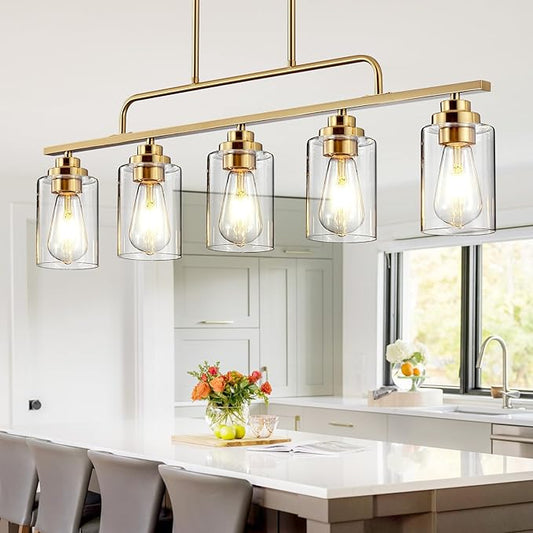 Dining Room Light Fixture - Brushed Gold 5-Light Farmhouse Chandelier Kitchen Island Lights Fixtures Modern Linear Chandeliers Hanging Pendant Lighting Over Table for Dining Room