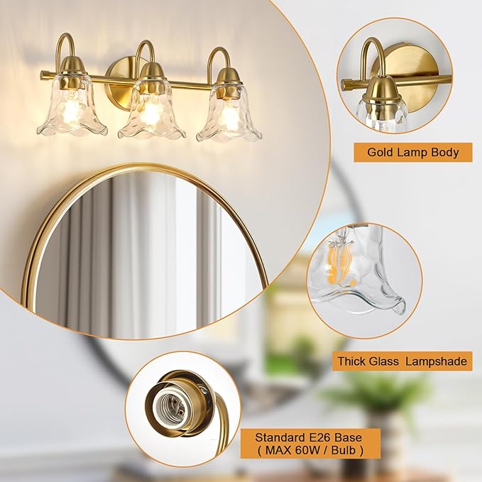 Bathroom Light Fixtures Over Mirror, 3 Lights Vintage Wall Sconces with Hammered Glass Shade, 19.3" Gold Bathroom Wall Light Fixtures for Bedroom, Porch, Hotel, Mirror Cabinet