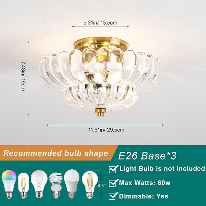 Gold Semi Flush Mount Ceiling Light Fixture, Vintage Clear Glass Ceiling Lights, 3-Light Close to Ceiling Lights for Closet, Hallway, Kitchen, Dining Room