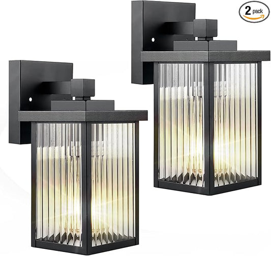 2 Pack Modern Farmhouse Outdoor Wall Lights,IP65 Waterproof & All-Metal Build,Textured Tempered Glass for Soft, Elegant Glow for Porch, Garage, Front Door