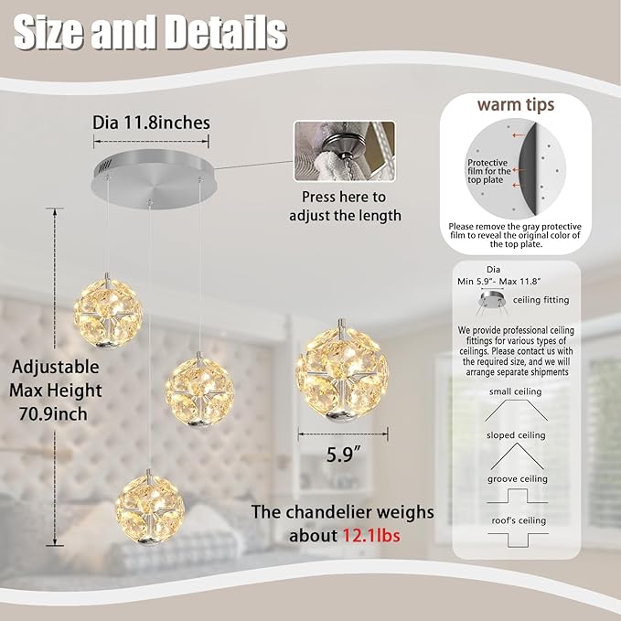 ykolupty Silver Dining Room Chandelier Light Fixture 3-Light Crystal Globe Pendant Lighting Modern Kitchen Island Cluster Hanging Pendant Lights LED Dimmable 2700-6000K
