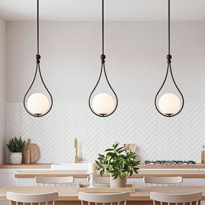 Black Pendant Lights with Milky White Globe Glass Pendant Lights Kitchen Island Adjustable Mid Century Hanging Pendant Light Fixtures for Kitchen Dining Room Entryway, 1 Pack