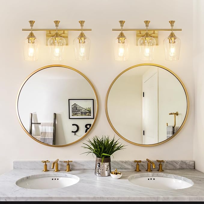 Bathroom Light Fixtures (3-Light, 19 Inch), Brushed Gold Vanity Lights for Bathroom with Clear Wine Glass Glass Shade, Modern Vanity Wall Lights for Mirror Bedroom Living Room Kitchen Hallway Porch