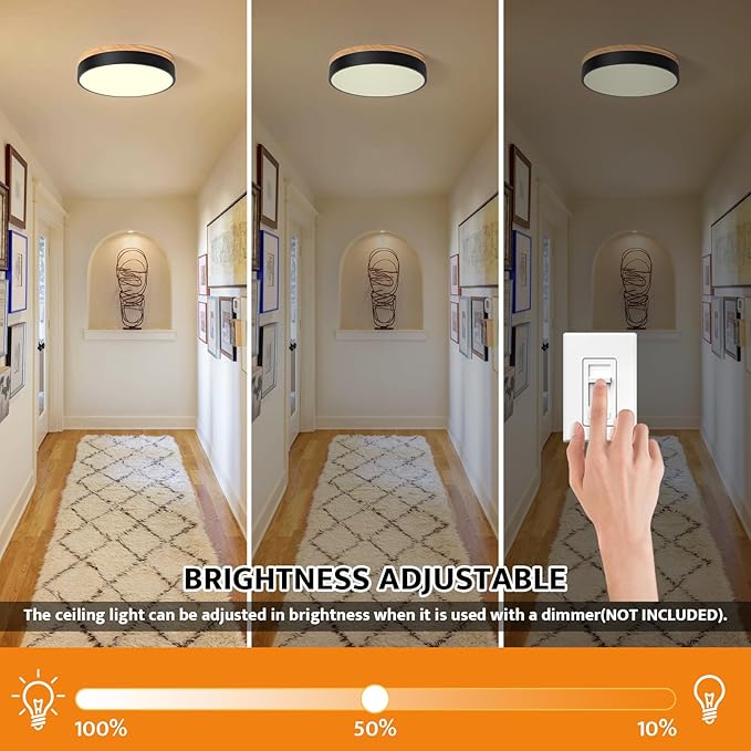 Yiisem Dimmable Wood LED Flush Mount Ceiling Light, 5CCT 2700K-6000K Modern Black Close to Ceiling Lighting Fixtures, Minimalist Round Ceiling Lamp for Bedroom, Kitchen, Hallway, Laundry Room