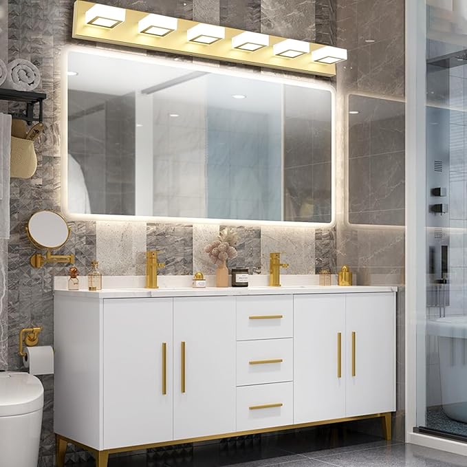 Ralbay Modern Gold Vanity Lights 6 Lights LED Modern Gold Vanity Lights Over Mirror Fixture Acrylic Gold Bathroom Vanity Wall Light (White Light 6000K)