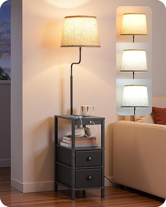 EDISHINE Floor Lamp with Table, USB-A+Type-C Port, Dimmable Bedside Floor Lamp with Shelves, Farmhouse Remote Nightstand Light for Living Room, Bedroom, Den, Office, Kids Room, Bulb Included, Black