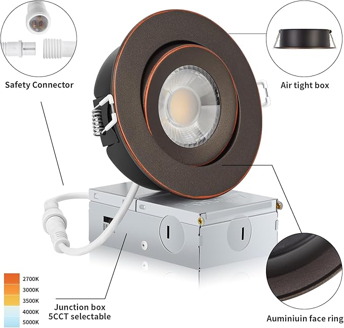 KnLnny Ware Oil Rubbed Bronze Recessed Lighting 4 Inch 6 Pack,Gimbal Led Lights with Junction Box,5CCT Selectable,9W 750LM,Dimmable