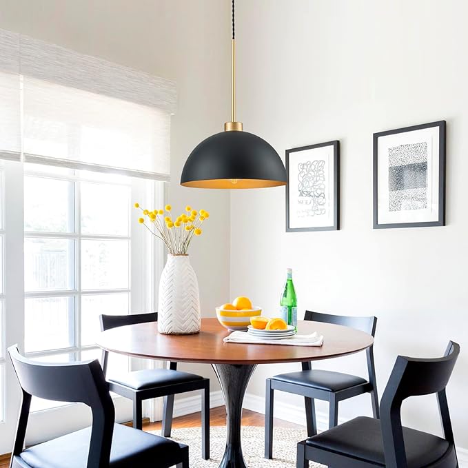 12 Inch Black and Gold Dome Pendant Light, Farmhouse Kitchen Island Lighting, Industrial Light Fixture for Dining Room Entryway Hallway, Height Adjustable