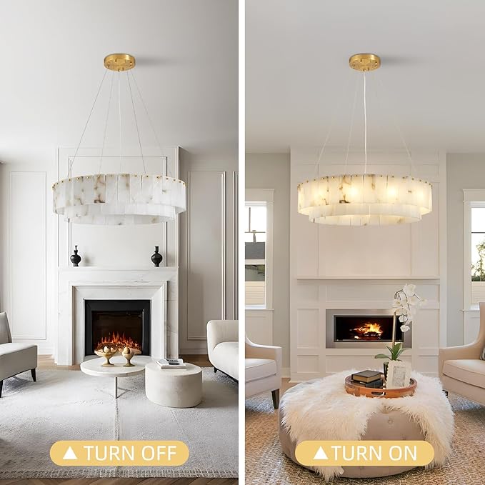 Lanhall Spanish Alabaster Chandelier, 2 Tiers Brushed Brass Modern Chandeliers for Dining Room Light Fixture 12-Light Pendant Light Natural Marble Chandelier for Kitchen Bedroom Living Room Foyer