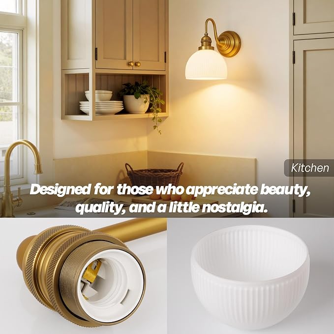 Gold Wall Sconces,Hardwire Bathroom Vanity Light with Striped Bowl Milk Glass Vintage Brass Wall Mounted Lamp Lights for Bathroom Mirror Living Room Bedroom Kitchen E26 Indoor
