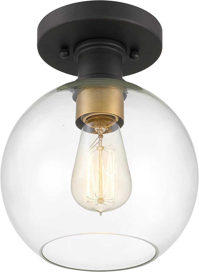 Tawson Dan Modern Farmhouse 1-Light Flush Mount Ceiling Light Clear Glass Globe Black Gold Finish for Hallway, Entryway, Passway, Bedroom, Garage, Kitchen, Balcony