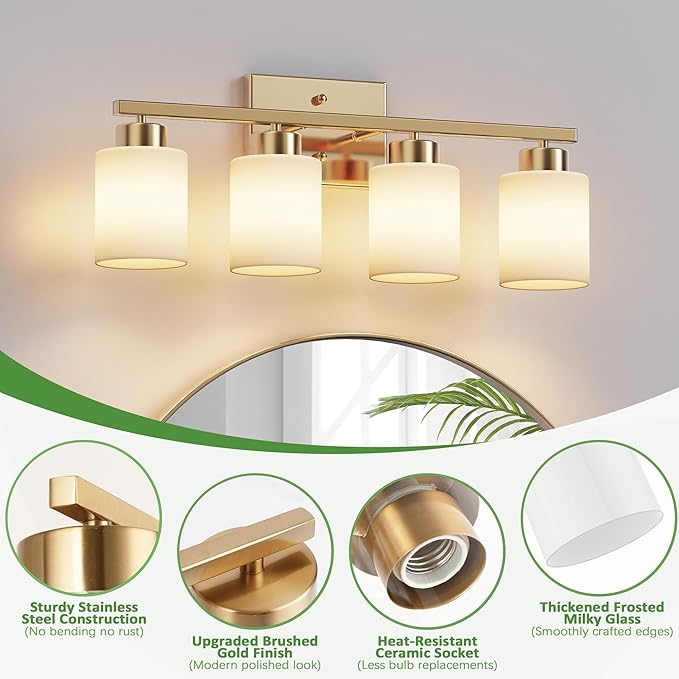 PARTPHONER 4-Light Brushed Gold Bathroom Light Fixtures, Modern Vanity Light Over Mirror Lighting, Wall Sconce with Frosted Milky White Glass Shades for Bedroom Living Room Kitchen Hallway