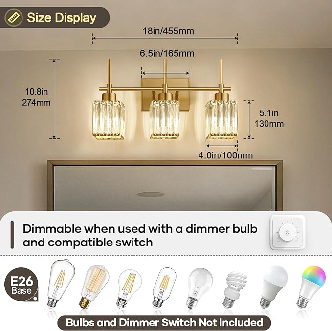 Torondo Modern Crystal Bathroom Vanity Light 3-Light Brushed Gold Bathroom Light Fixtures Over Mirror Brushed Gold Vanity Lighting Fixtures Square Shade Brass Wall Sconce (Bulbs Not Include)