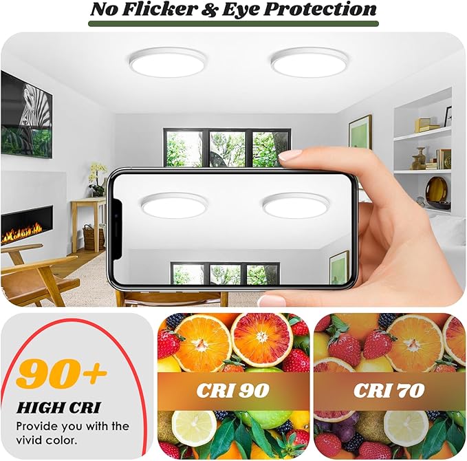 Brightever LED Flush Mount Ceiling Light with Night Light, 12inch Dimmable Close to Ceiling Light Fixture, 24W 2400LM 2700K-6500K 5 Color Adjusted Flat Ceiling Lamp for Bathroom, Dining Room, 1 Pack