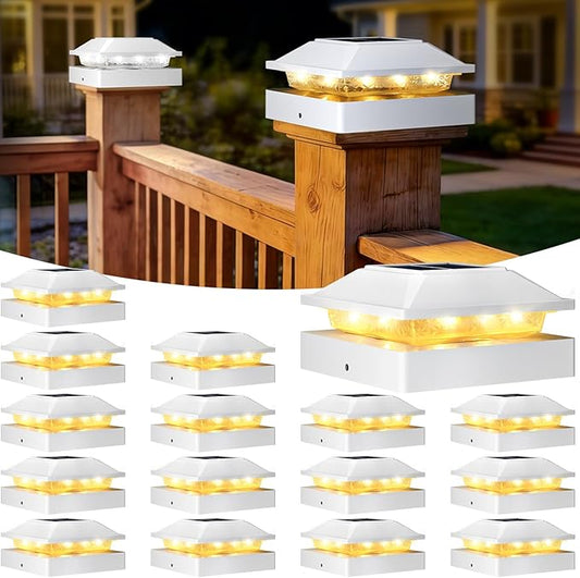 Peasur 4x4 Post Solar Lights 16 Pack, 2 Modes 16 LED Solar Post Cap Light Waterproof, Black Deck Fence Post Solar Lights Powered Outdoor, Fit 4x4 Wood/Vinyl Posts for Porch Patio