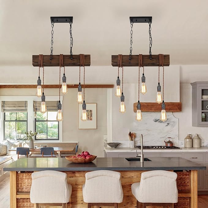 KEESFU 6-Lights Dining Farmhouse Chandelier, Farmhouse Wooden Ceiling Pendant Light, Height Adjustable, Rustic Chandelier for Kitchen Island Dining Room Bar Pool Table Cabin.