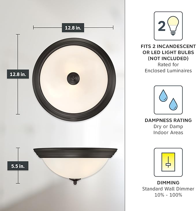 Designers Fountain Flush Mount Ceiling Light, 2-Pack, 13 Inch Frosted Glass Lighting Fixture for Kitchen, Bedroom, Bathroom, and Hallway, LED Bulbs Not Included, Oil Rubbed Bronze