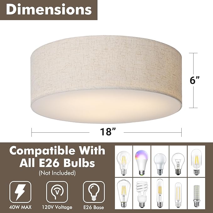 18-Inch Large Flush Mount Ceiling Light Fixture with Fabric Shade, Modern Drum Closed to Ceiling Lighting for Living Dining Room, Bedroom, Kitchen, Foyer - Farmhouse 3-Light Lamp & Chandelier