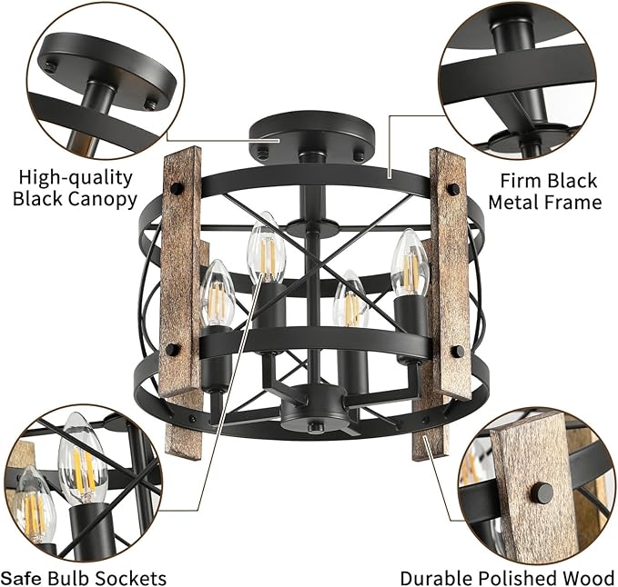 Black Semi Flush Mount Ceiling Light, 4-Light Ceiling Light Fixture, Farmhouse Chandelier Ceiling Light, Rustic Industrial Dining Room Light Fixture for Kitchen Bedroom Hallway Living Room E12