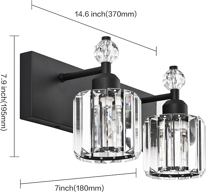 PRESDE 2-Light Crystal Bathroom Lights Fixtures Modern Matte Black Wall Lighting Over Mirror