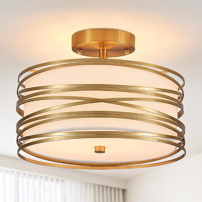 Drum Semi Flush Mount Ceiling Light Fixture, Gold Matal & Linen Fabric Shade Ceiling Light, Modern Farmhouse Close to Ceiling Light for Bedroom, Hallway, Entryway, Dining Room, Laundry Room