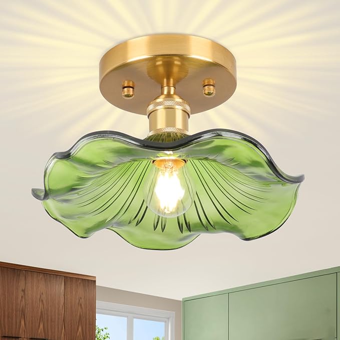 Semi Flush Mount Ceiling Light,Flower Hallway Vintage Lights Fixture Ceiling Green 8.8" Vintage Light Fixtures for Closet Hallway Kitchen Dining Room