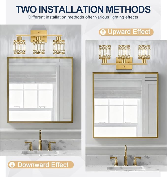 Crystal Modern Bathroom Light Fixtures, 3-Light Brushed Gold Bathroom Vanity Wall Light, Vanity Lights for Mirror, Restroom, Bedroom (E26 Socket, Bulbs Not Included)