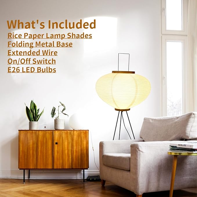 Paper Floor Lamp, Noguchi Rice Paper Lamp for Wabi Sabi Decor, Akari Paper Floor Lamp for Bedroom/Living Room
