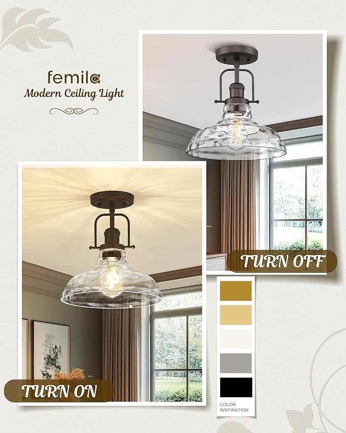 FEMILA 11" Farmhouse Flush Mount Ceiling Light Fixture, Semi Flush Kitchen and Bedroom Ceiling Light with Water Ripple Glass Shade, Oil Rubbed Bronze, Rustic Industrial Lighting, 4FY09-F ORB-WG