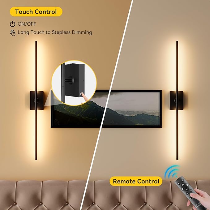 Ouyulong Battery Operated Wall Sconces Set of 2, 10000mAh Wireless Rechargeable 3000-6000K Dimmable 350° Rotate Wall Light with Remote for Living Room, Bedroom 23.6in Black