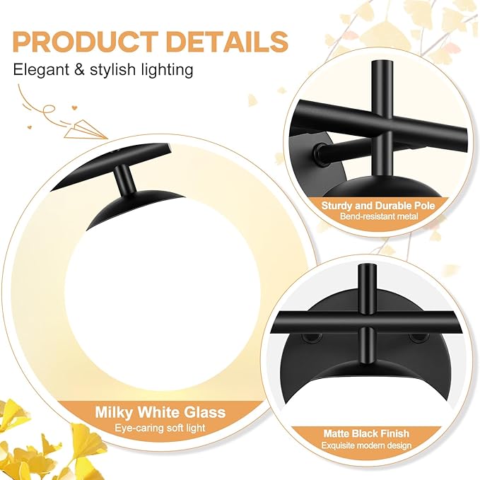 3-Light Bathroom Light Fixtures, Matte Black Vanity Lights for Bathroom with Milky White Glass Ball Shade, 18.9 inch Bathroom Lighting Fixtures Over Mirror, Wall Sconce for Bedroom (Bulb Not Included)