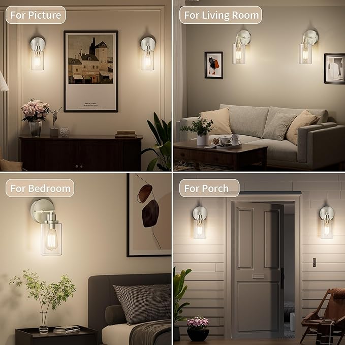 BUTHY Bathroom Wall Sconces Set of Two: Brushed Nickel Vanity Light Fixtures with E26 Base LED Cordless Indoor Wall Mount Lamp for Mirror Bedroom Hallway Stairway Modern Decor Lighting