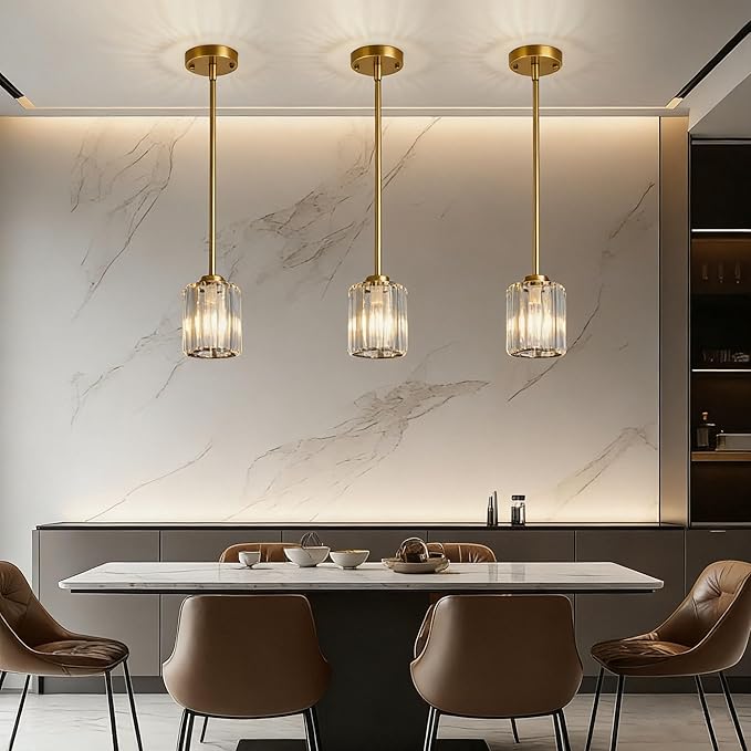 Pendant Lights Kitchen Island 3 Pack, Adjustable High Bronze Modern Crystal Mini Chandelier Ceiling Hanging Pendant Light Fixtures for Kitchen Hallway Dining Room Bedroom