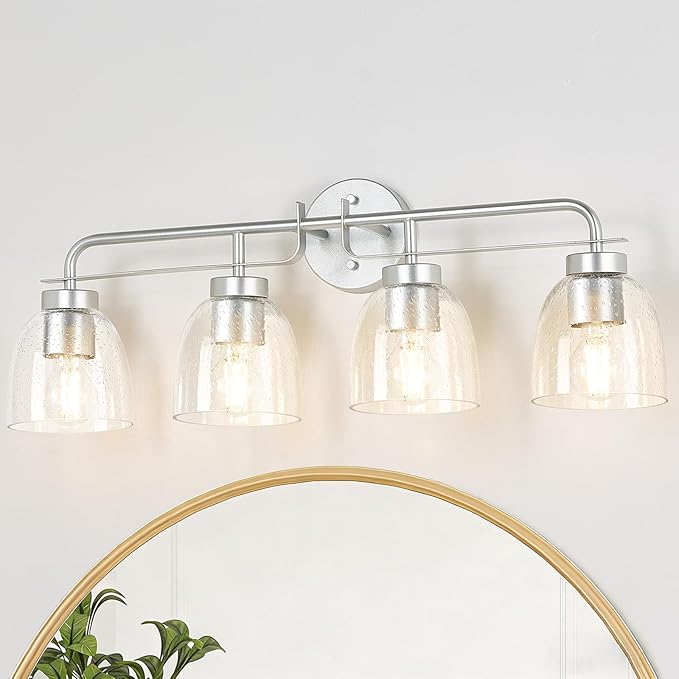 28 Inch Vanity Lights, 4-Light Silver Vintage Industrial Bathroom Light Fixtures with Bell Bubble Glass Shade, Wall Sconce for Bathroom Mirror, Bedroom, Hallway
