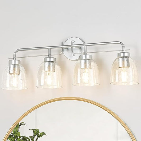 28 Inch Vanity Lights, 4-Light Silver Vintage Industrial Bathroom Light Fixtures with Bell Bubble Glass Shade, Wall Sconce for Bathroom Mirror, Bedroom, Hallway