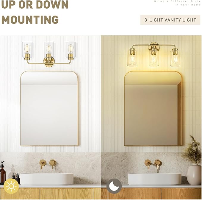 zeyu 3-Light Vanity Lighting Fixtures, Modern Vanity Lighting Fixtures Over Mirror with Cylinder Clear Glass Shade, Brushed Gold Finish, ZS62B-3W BG