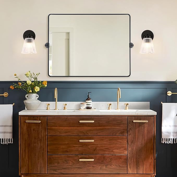 OCIOC Set of 2 Wall Sconces for Bathroom, Black Modern Vanity Light Fixtures with Striped Glass Shade, Mount Lighting Lanterns for Mirror, Living Room, Bedroom, Hallway, Farmhouse