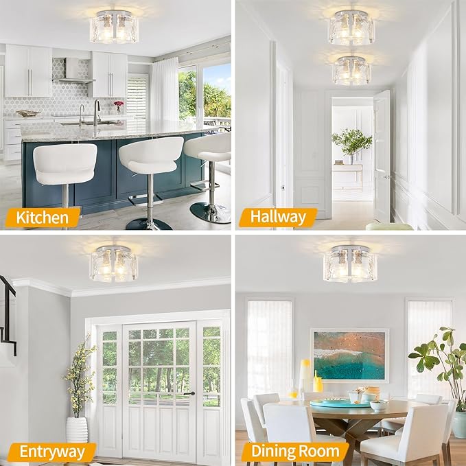 15'' Modern Brushed Nickel Semi Flush Mount Ceiling Light, Hallway Light Fixtures, 3-Light Glass Ceiling Lights for Entryway Kitchen Dining Room Foyer Bedroom Laundry Room Bathroom Lighting Fixtures