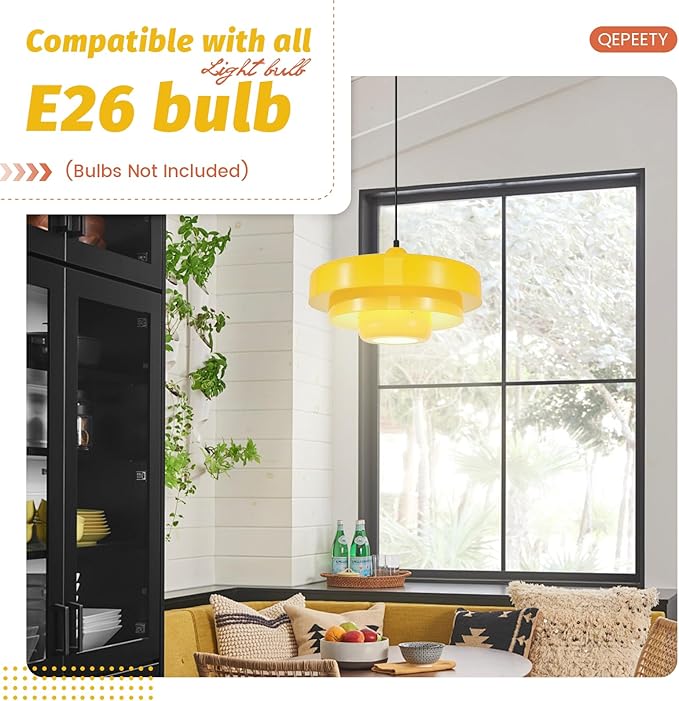 Mid Century Yellow Flush Mount Pendant Light, 3-Layer Metal Industrial Chandelier for Kitchen Island, Dining Room, Foyer, Retro Vintage Ceiling Light Fixture