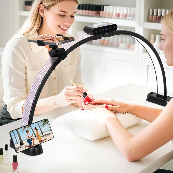 KIRKAS 29in Half Moon Light for Nail Desk with Phone Holder, Half Moon Lamp Adjustable Color Brightness, Arch Nail Tech Light with Display Screen for Manicure, Craft, Esthetician (Diamond,Black Large)