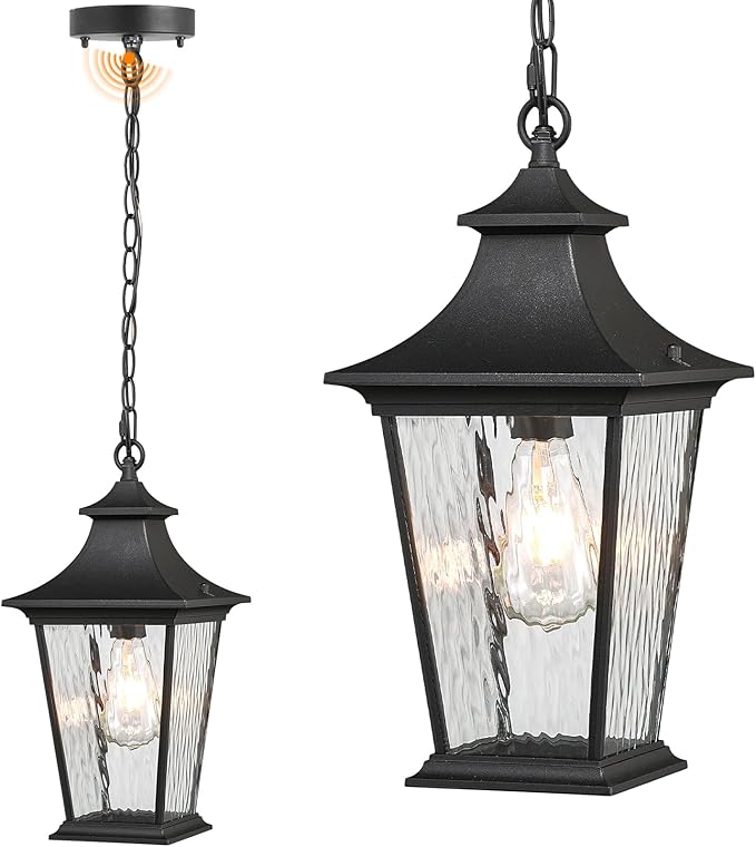 16.4 Inch Black Hanging Porch Lights Outdoor Waterproof Aluminum Outdoor Pendant Light Dusk to Dawn Exterior Hanging Light Fixture for Gazebo E26 Socket