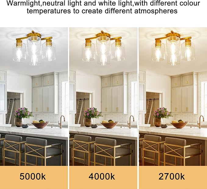 4 Light Semi Flush Mount Ceiling Light Brushed Gold Kitchen Lighting Fixtures Ceiling Brass Hallway Cieling Lights Fixture with Clear Glass Shade for Bedroom Dining Room