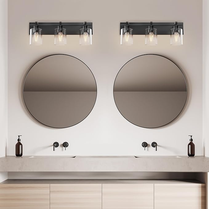 Espird Bathroom Vanity Light,3 Light Matte Black Light Fixture with Thickened Clear Glass Shade, 21 inch Modern Wall Sconce, Bathrooms Vanity Light Over Mirror for Bathroom
