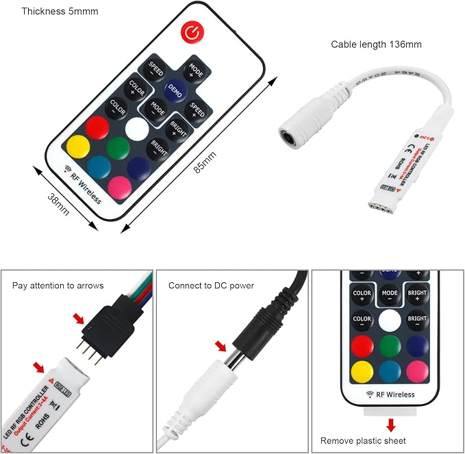 RF Wireless Remote LED Controller,DC 5V-24V RGB Controller for 5050 3528 5630 LED Strip Lights,19 Modes 20 Colors Wireless Dimmer,Memory Function,12A Max Load