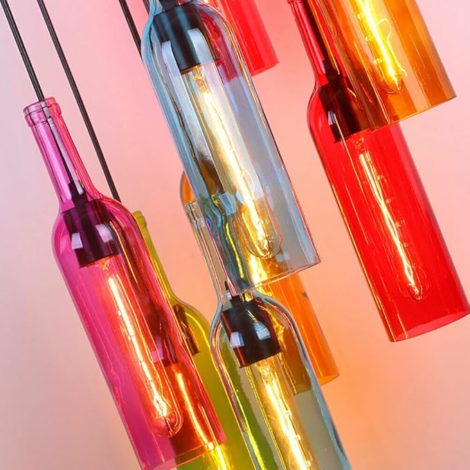 8-Head Colorful Beer Bottle Chandelier, Industrial Ceiling Light Vintage Pendant Lamp, Wine Glass Bottle Chandelier Pendant Lighting Fixture Hanging Lamp Height Adjustable, E27 Lamp Holder