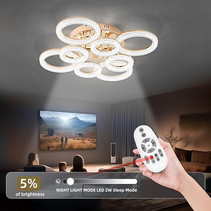 OKELI Modern Ceiling Light, 8 Rings 26.8'' Dimmable LED 106W Flush Mount Ceiling Lights with Remote Acrylic Crystal Round Ceiling Light Fixture, Bedroom Living Room Dining Room, Gold