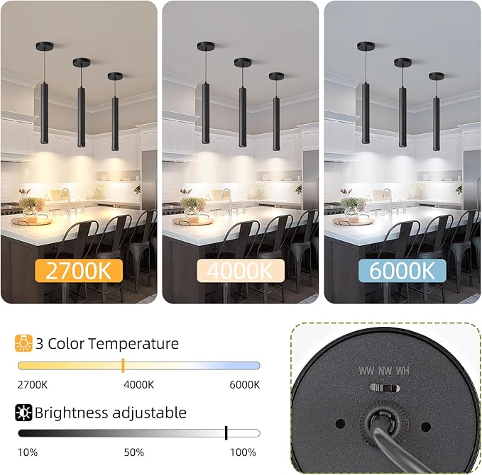 OKELI Black LED Mini Pendant Light, Dimmable Hanging Pendant with Adjustable Beam Angle, 3CCT 2700K–6000K Modern Pendant Light for Kitchen Island, Bar Counter or Bedroom, 7W 14.96", 1 Pack