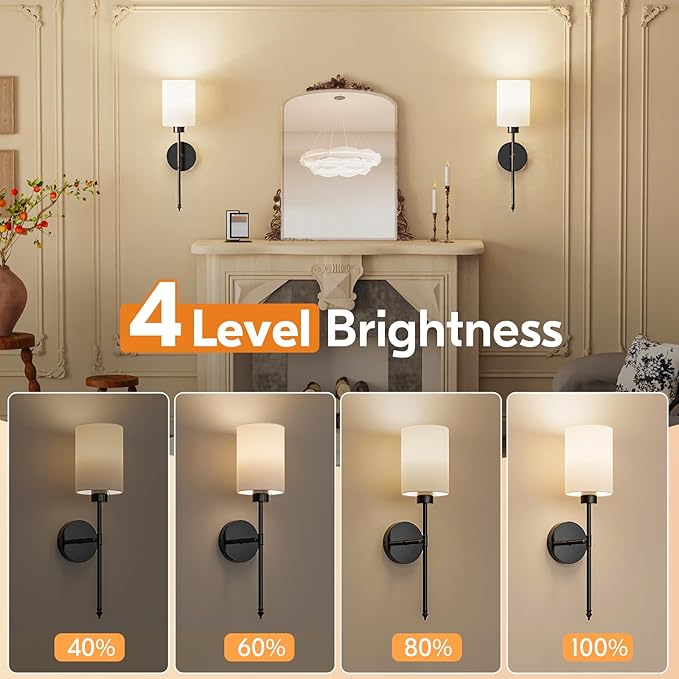 NIORSUN Battery Operated Wall Sconce Set of 2, Black Wireless Rechargeable Wall Lights with 5200mAh Dimmable Detachable Bulbs and Remote, 9 Colors Sconces Wall Decor for Bedroom Living Room Hallway